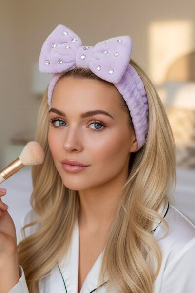 TAKIŞTIR Λιλά Χρώμα Λούτρινο Λουράκι Μαλλιών με Πέτρινη Λεπτομέρεια και Φιγού...