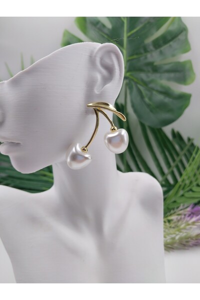 Yaseminli Butik Gold Color Pearl Cherry Earrings