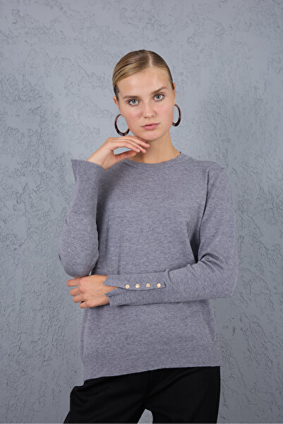 Moda Days Snap Fastener Sleeves Crew Neck Knitwear Blouse
