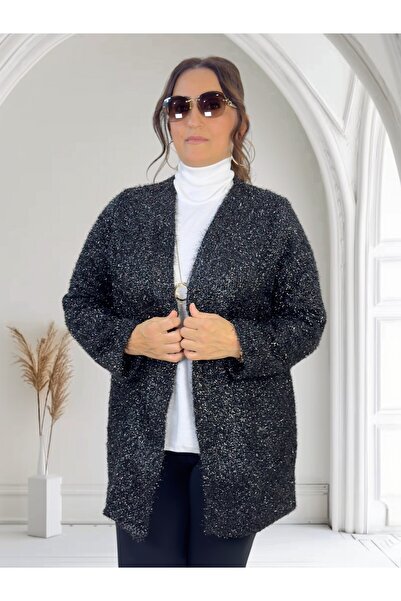 yagmurberen Silvery Yarn Knitted Long Sleeve Unclosed Cardigan Jacket