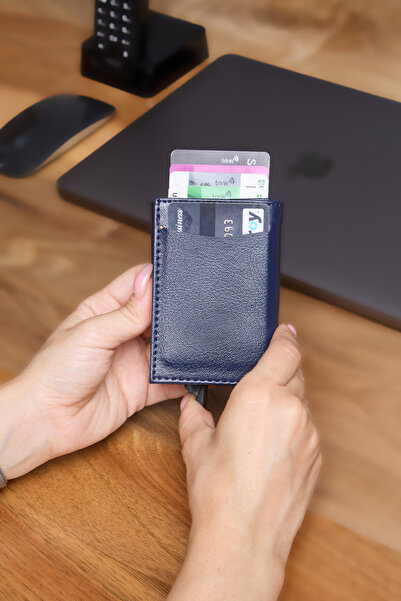 V LEATHER ATELİER Premium Automatic Mechanism Leather Wallet Rfid Protected Special Boxed Shipping Navy Blue