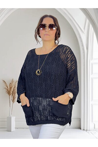 yagmurberen Crew Neck Slit Spanish Sleeve Openwork Double Pockets Italian Mercerized Large Size Blouse Sweater