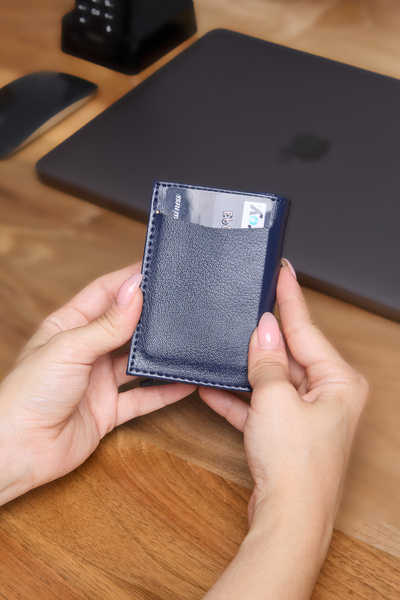 V LEATHER ATELİER Premium Automatic Mechanism Leather Wallet Rfid Protected Special Boxed Shipping Navy Blue