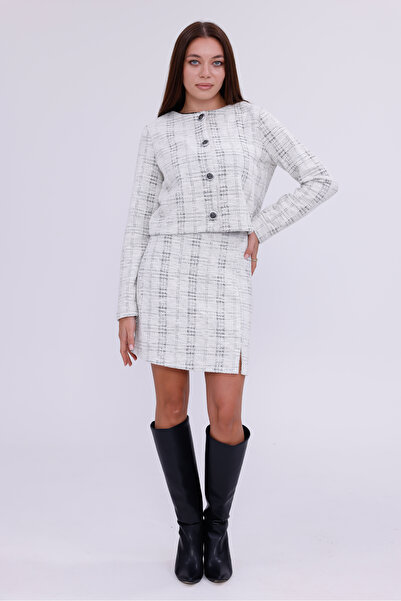 happinice Patterned White Skirt Suit