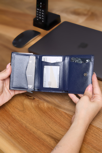 V LEATHER ATELİER Premium Automatic Mechanism Leather Wallet Rfid Protected Special Boxed Shipping Navy Blue