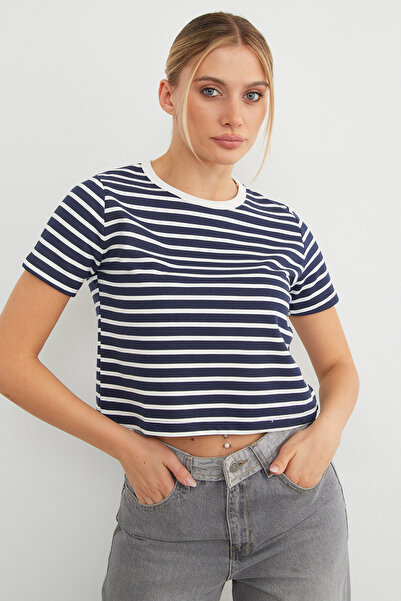 Fulla Moda Striped Crew Neck Transitional Crop T-Shirt