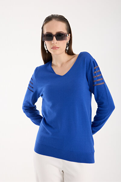 Clothes Fast Women's Cobalt Blue Silvery Fabric Detailed V-Neck Knitwear Blouse