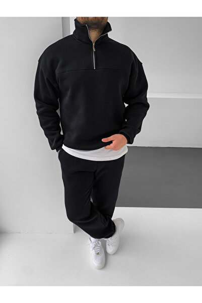 NO1 KONSEPT Μαύρο Premium επένδυση fleece Πλεκτό Σετ Φόρμας με 3 Κλωστές