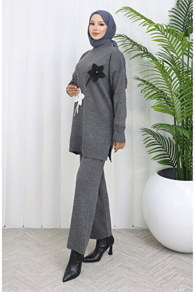 sefamerve Knitwear Floral Tunic Trousers Double Set 1077-04 Gray