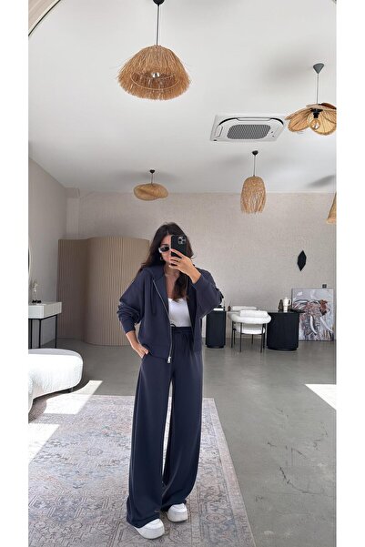 Buket Teke طقم بدلة رياضية من مودال مع سترة بسحاب بلون أنثراسايت