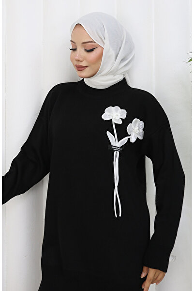 sefamerve Πλεκτό Παντελόνι Τουνίκ με λεπτομέρεια λουλουδιών Διπλό Σετ 1037-06 Μαύρο