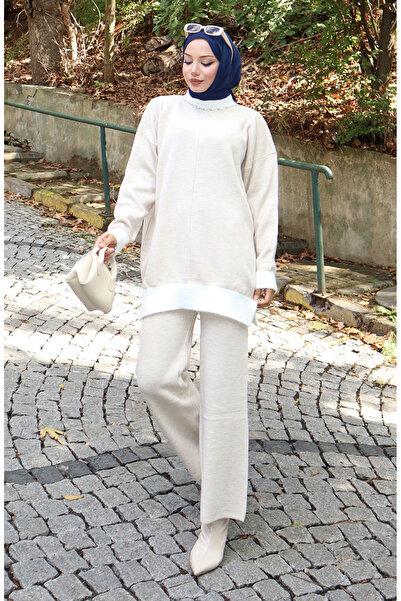 sefamerve Πλεκτά Παντελόνια Τουνίκ με Λεπτομέρεια Πέρλες Διπλό Σετ 1011-06 Πέτρα