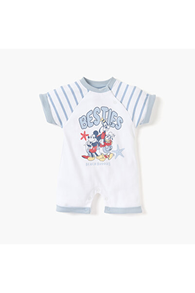 Disney Mickey Mouse Print Romper with Round Neck and Short Sleeves