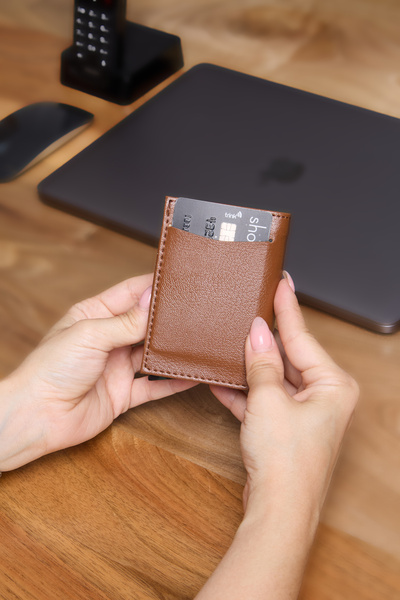 V LEATHER ATELİER Premium Automatic Mechanism Leather Wallet Rfid Protected Special Boxed Shipping Tan