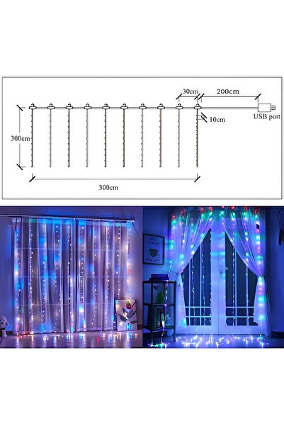 OricareFain Christmas Installation with Remote Control, Curtain, 3 m x 3 m, 300 led, 8 Modes, USB power supply