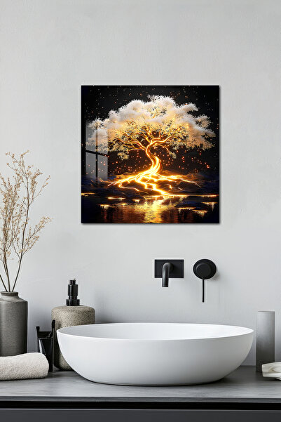 kutuTR 3D Görünümlü Temperli Cam Tablo – Işıltılı Hayat Ağacı UV Baskı 33x33 ...