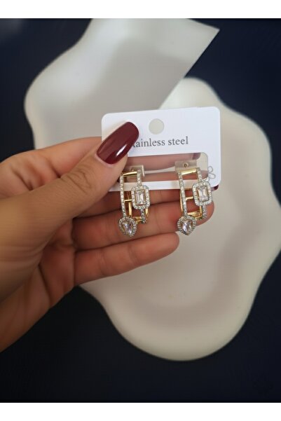 OEM Zirkon Taşlı Altın Renk Dikdörtgen ve Damla Model Çelik Küpe