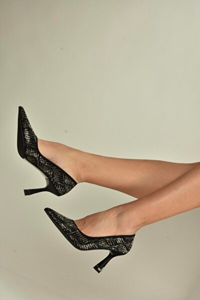 Fox Shoes V820177009 Black Stone Detailed Thick Heeled Women's Evening Dress Shoes