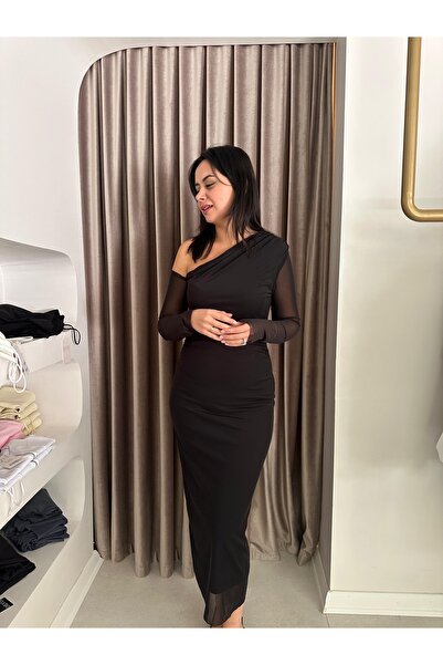 MODA Siyah Tül Midi Elbise