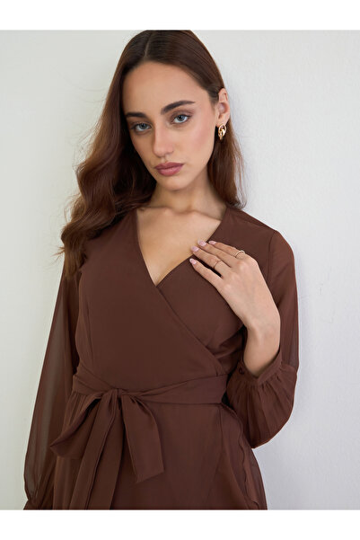 Styli Brown Long Sleeves Wrap Midi Dress