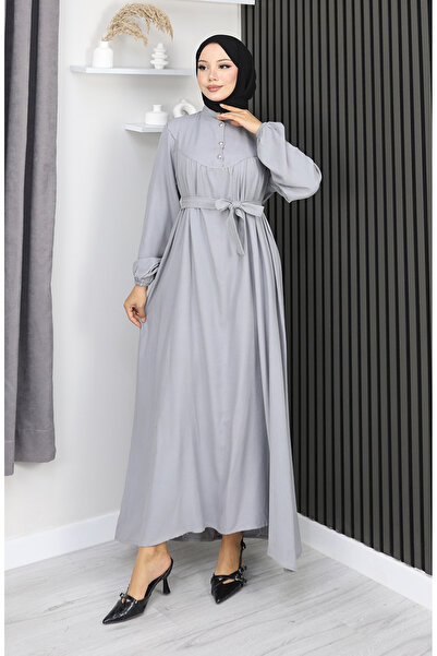 sefamerve Belmando fabric half buttoned belted dress 2166-07 grey