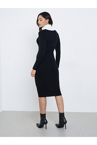 Styli Black Ribbed Knit Sweater Midi Dress