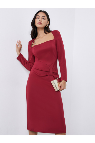 Styli Red Midi Dress with Metal Ring Accent