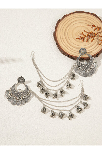 Take Two By Styli Coin Drop Texture Tassel Hair Chain Earrings