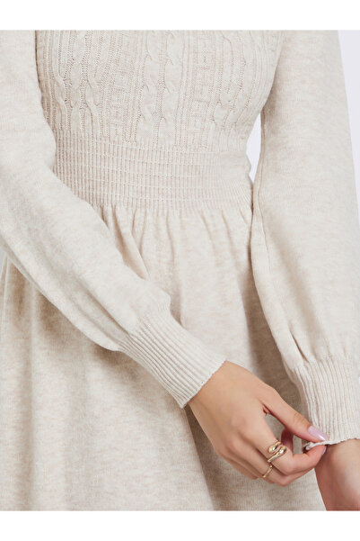 Take Two By Styli Beige Cable Knit Panel Sweater Midi Dress