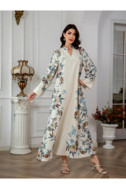 Take Two By Styli Floral Print Embellished Faux Pearl Detail Jalabiya