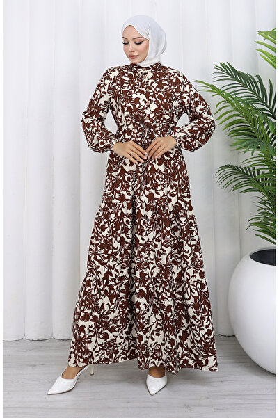 sefamerve Hakim Yaka Belted Lace-Up Patterned Dress 0190-03 Brown