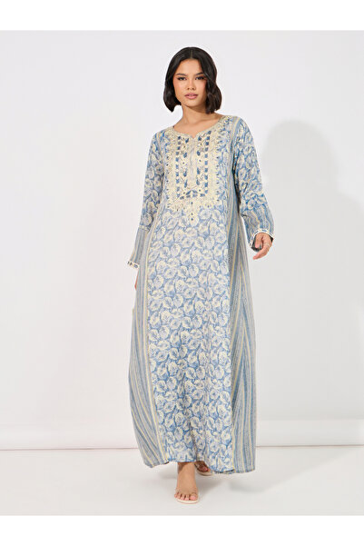 Styli Floral Print Side Striped Notch Neck Jalabiya