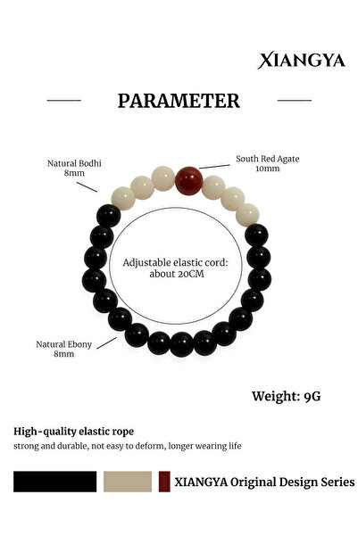 XIANGYA Bijou Bracelet - Wooden Bracelet Ebony & White Jade with Red Gem Accent