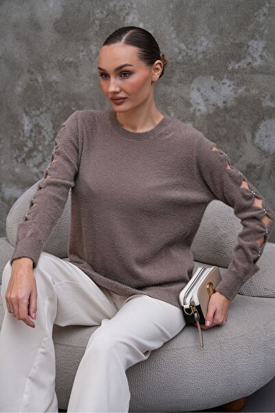 AGORATEKSTİL Women's Sleeve Detailed Crew Neck Long Sleeve Wool Sweater