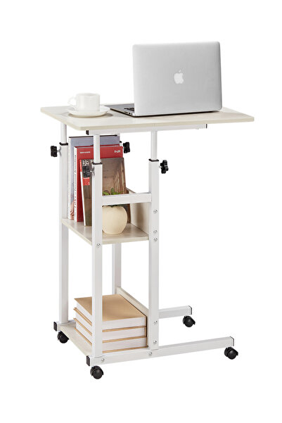 Lawazim Computer Table White 73x55x90cm - Rolling Desk with Shelves for Home Office Bedroom