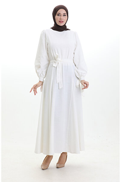 sefamerve Rochie de in cu curea 81903-01 Ecru