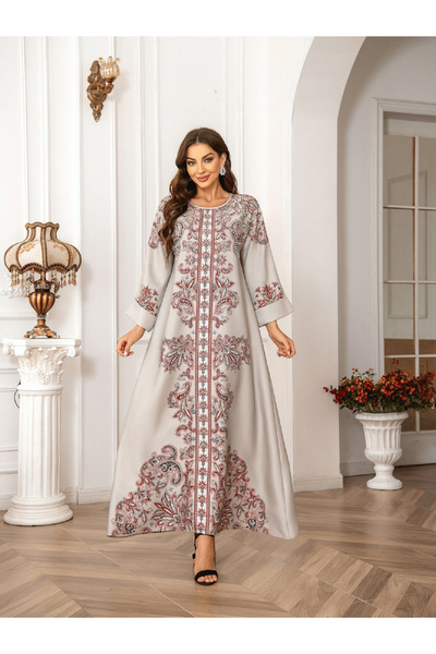 Take Two By Styli Floral Print Embellished Faux Pearl Detail Jalabiya