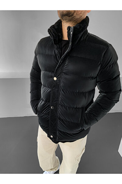 NO1 KONSEPT Μαύρο πουπουλένιο παλτό Premium Carbon με γούνινο γιακά