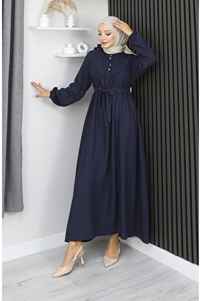 sefamerve Belmando Fabric Half Button Belted Dress 2166-01 Navy Blue