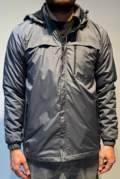 REMSA Men's Hooded Pocket Detailed Fleece Lined Winter Coat 2540 Smoked