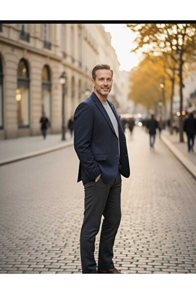 güncüoğlu 4 Drop Very Thick Fabric Navy Blue Double Slit Men's Winter Single Jacket