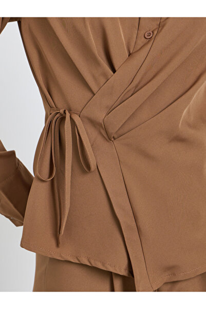 Styli Brown Asymmetric Wrap Shirt and Pants Co-Ords