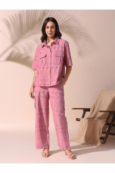 Dennis Lingo By Styli Schiffli Cotton Shirt and Pants Co-Ords