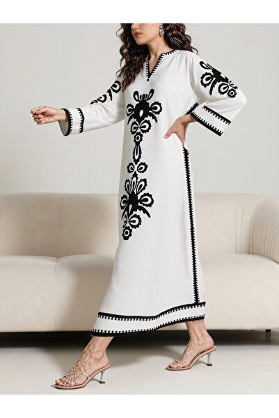 Take Two By Styli White Graphic Print Notch Neck Jalabiya