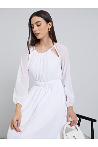 Styli White Chiffon Smocked Waist Midi Dress