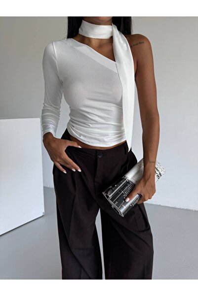 HEDEF DAİSY Women's Tops Single Shoulder Neck Detail Long Sleeve Asymmetric Collar Blouse