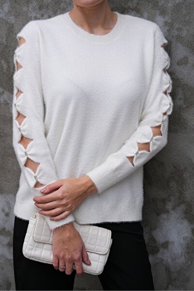 AGORATEKSTİL Women's Sleeve Detailed Crew Neck Long Sleeve Wool Sweater