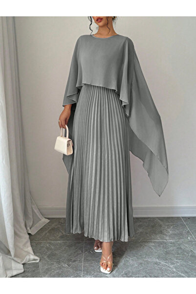 Take Two By Styli Solid Pleated Detail Cape Sleeve Maxi Dress