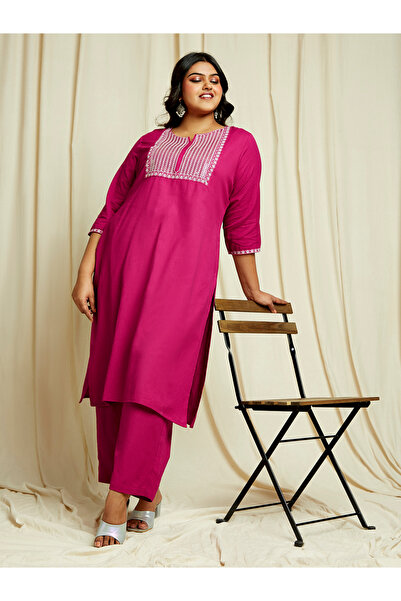 Globus By Styli Plus Size Pink Sequined Embroidered Yoke Kurta and Pants Festive Set
