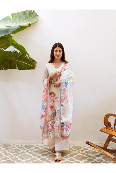 Ishin By Styli Off White Linen Kurta with Pants and Dupatta Set